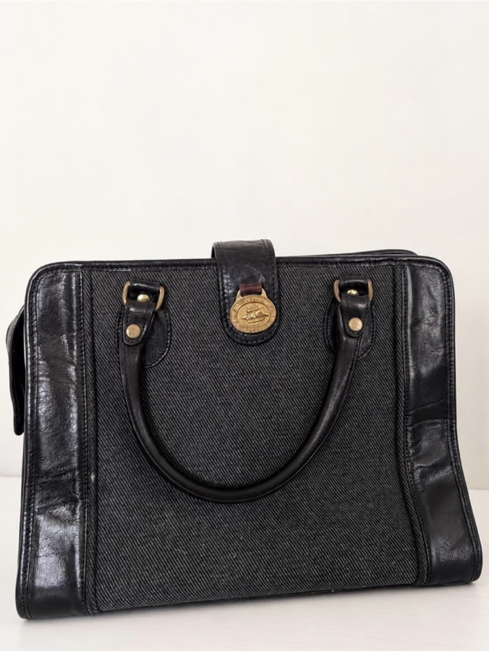 Brahmin Black Denim-Trim Satchel with Gold Accent